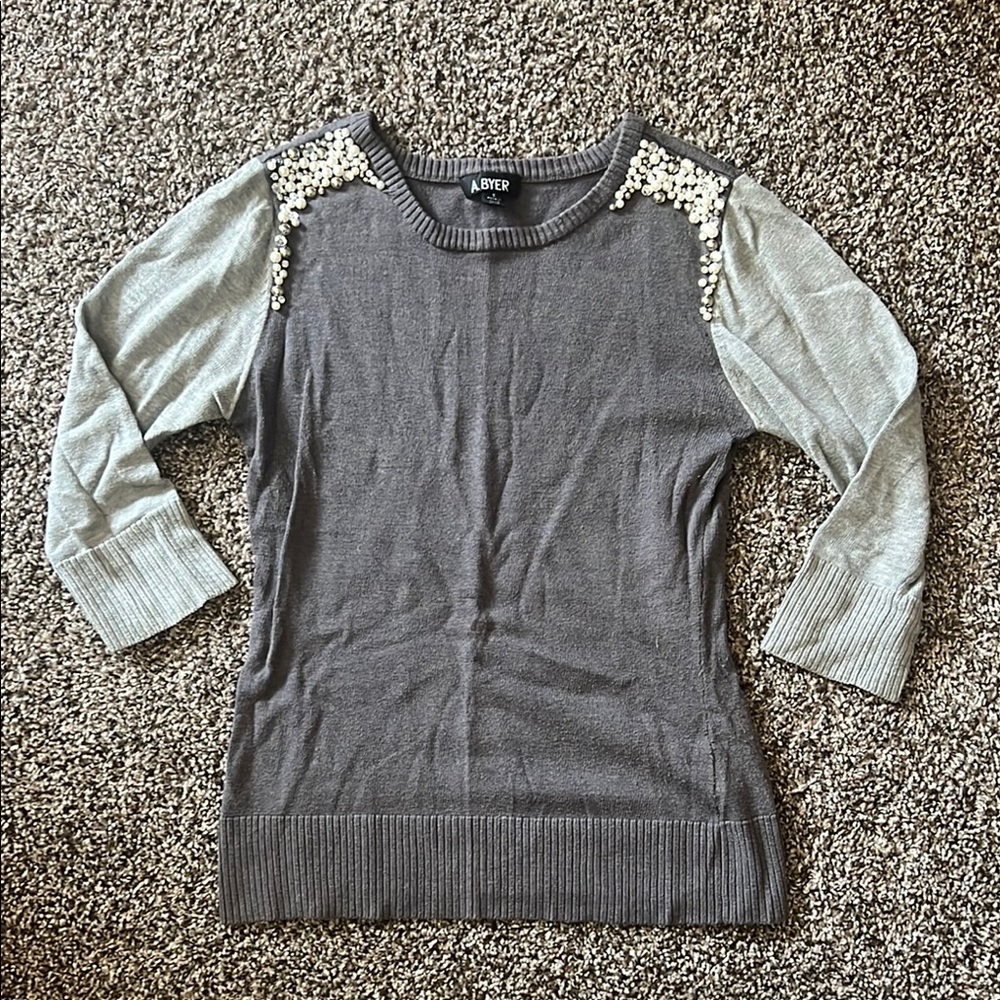 Gray Sweater with Pearl Embellishment